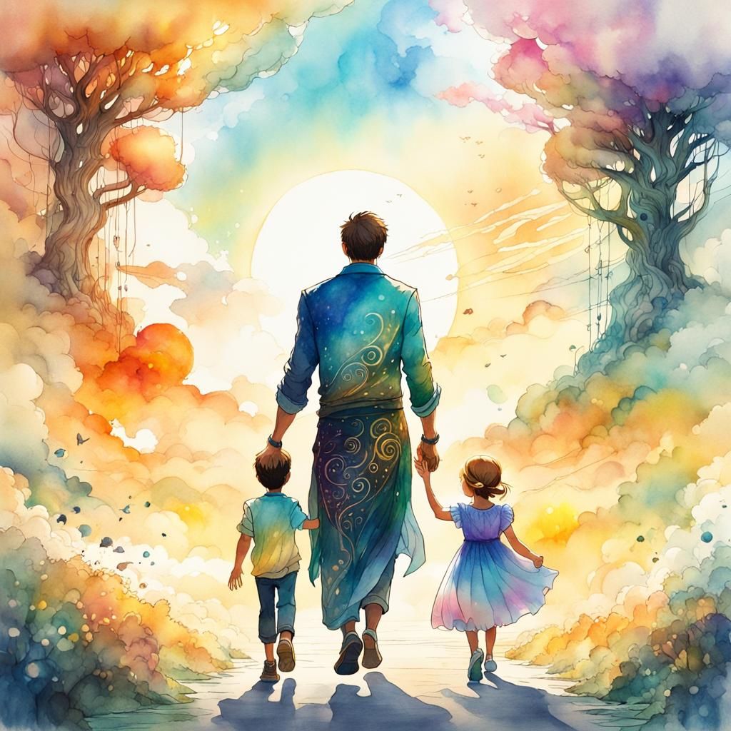 A Loving Family Walks Hand in Hand in a Vibrant Fantasy Land...