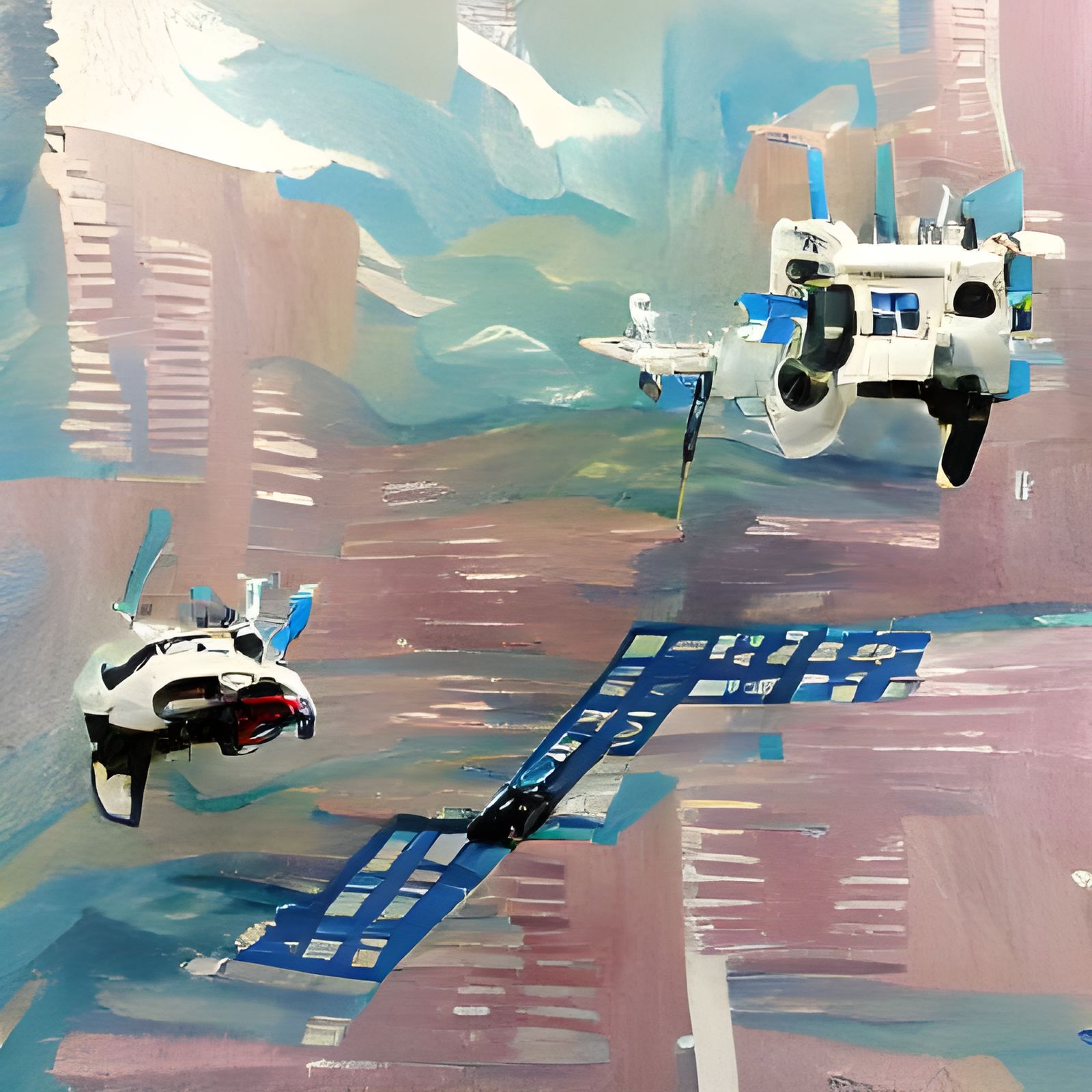 Flying car landing on a space station