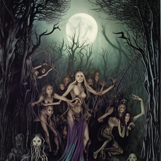 Ethereal Witches Celebrate Under Iridescent Moonlight
