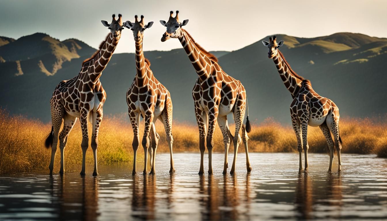 Elegant Giraffes Stroll in Serene Lake Scene