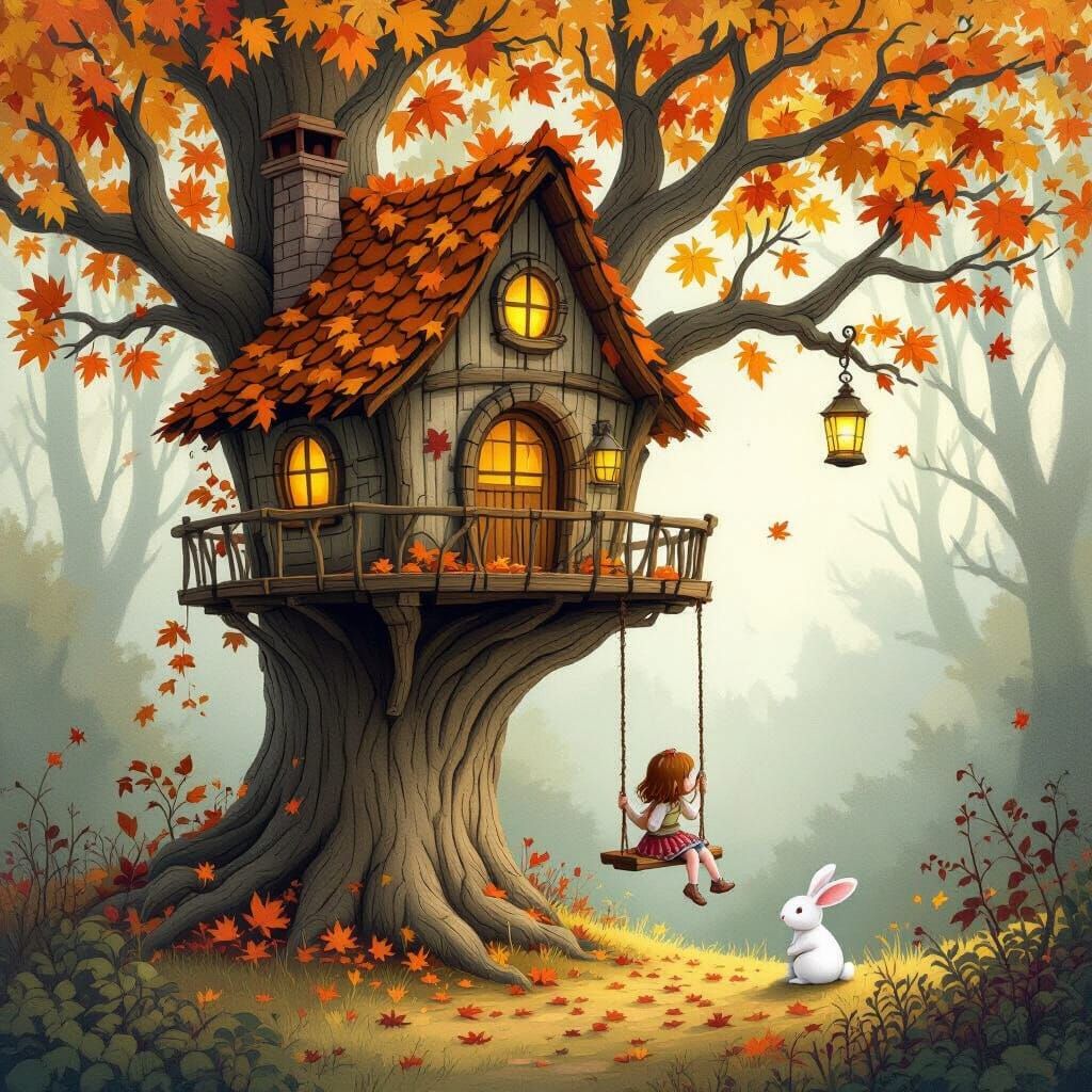 Enchanted Treehouse Scene as Children's Book Illustration