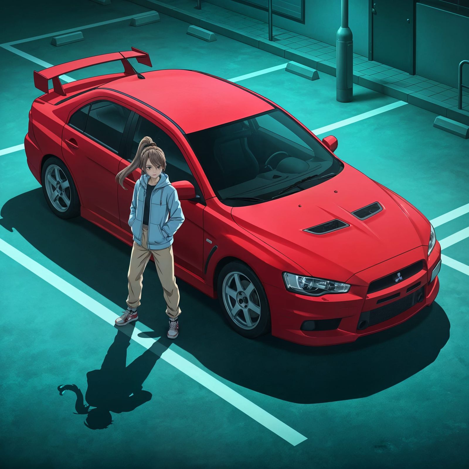 Anime Woman with Red Lancer EVO at Night