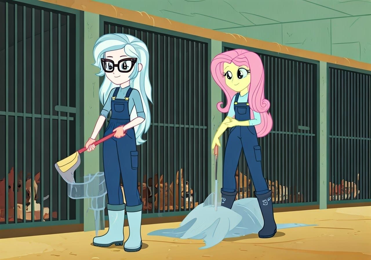 Sugarcoat and Fluttershy at Animal Shelter, Cleaning Kennels