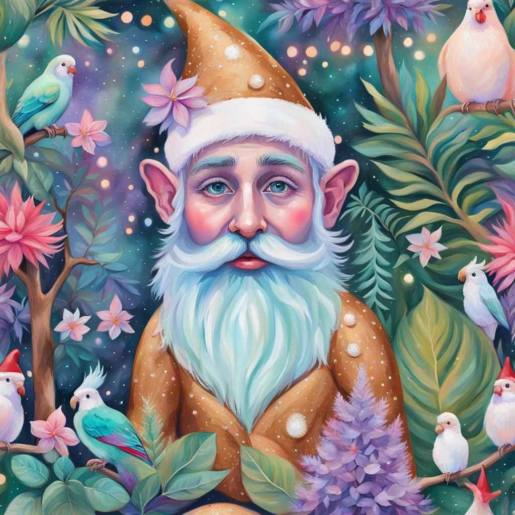 Vibrant Psychedelic Garden Scene with Whimsical Gnome