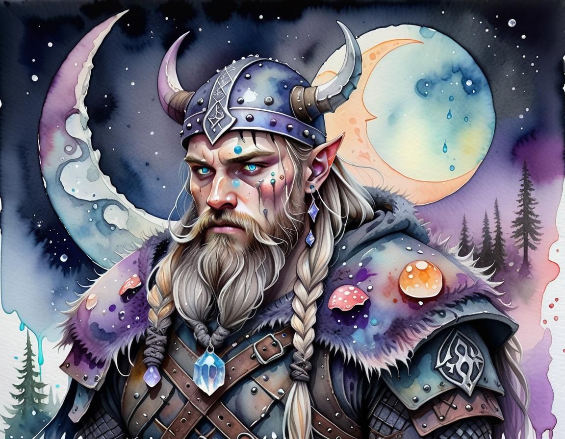 Viking Warrior in Cozy Mystical Home Under Crescent Moon
