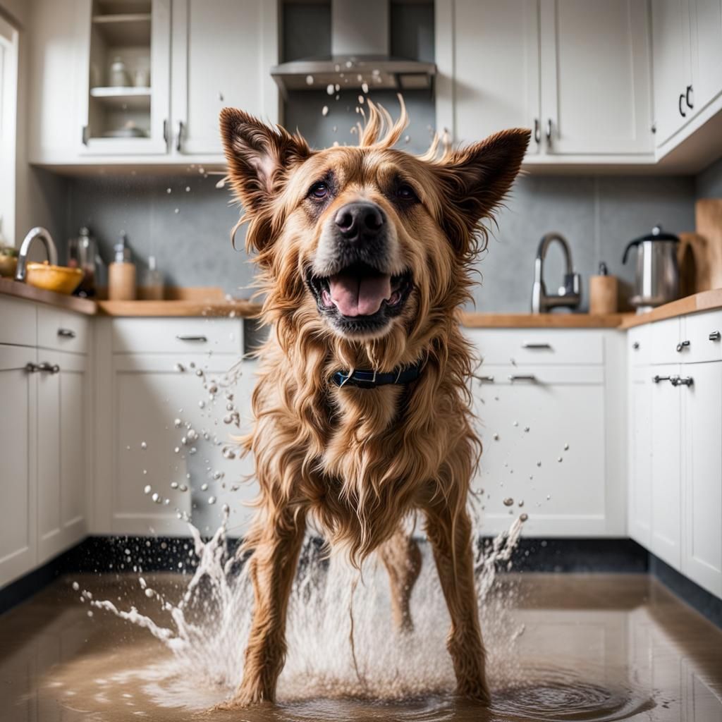 Wet Dog Shakes Off in the Kitchen