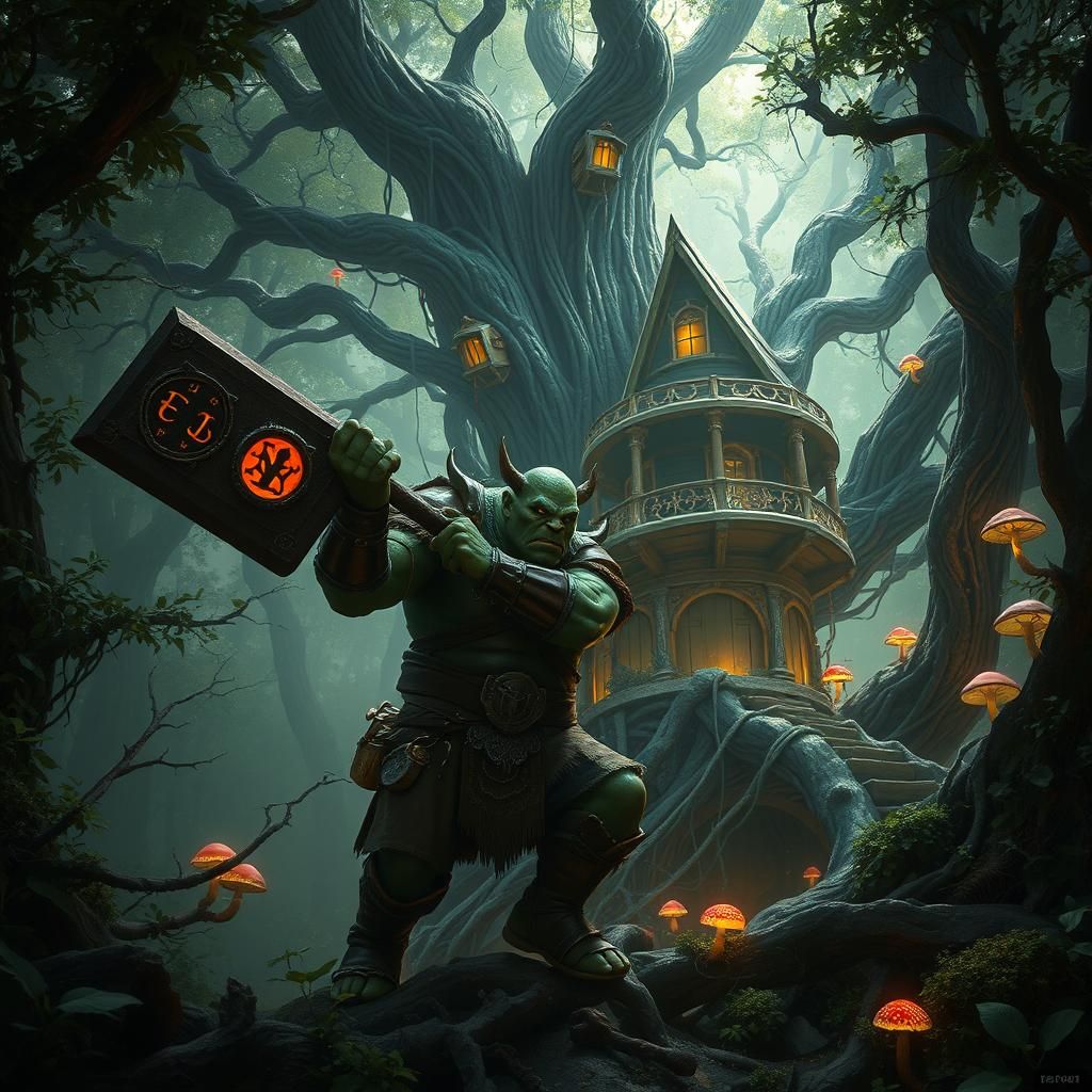 An orc trying to destroy a tree house