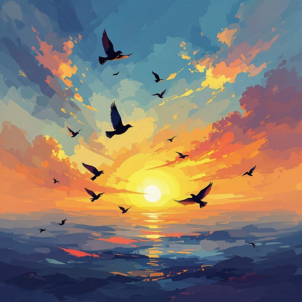 Abstract Digital Painting of Freedom with Soaring Birds
