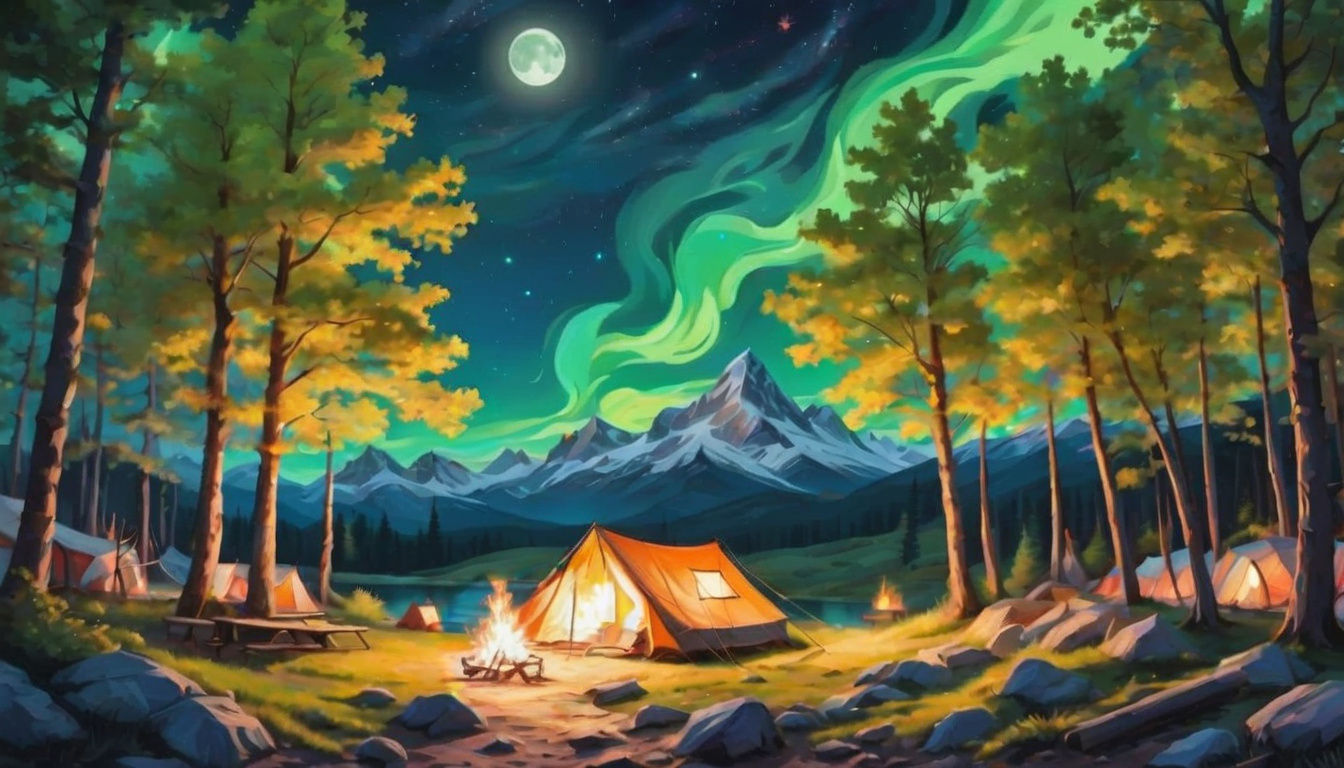 Neon Camping Scene as Impressionist Oil Painting
