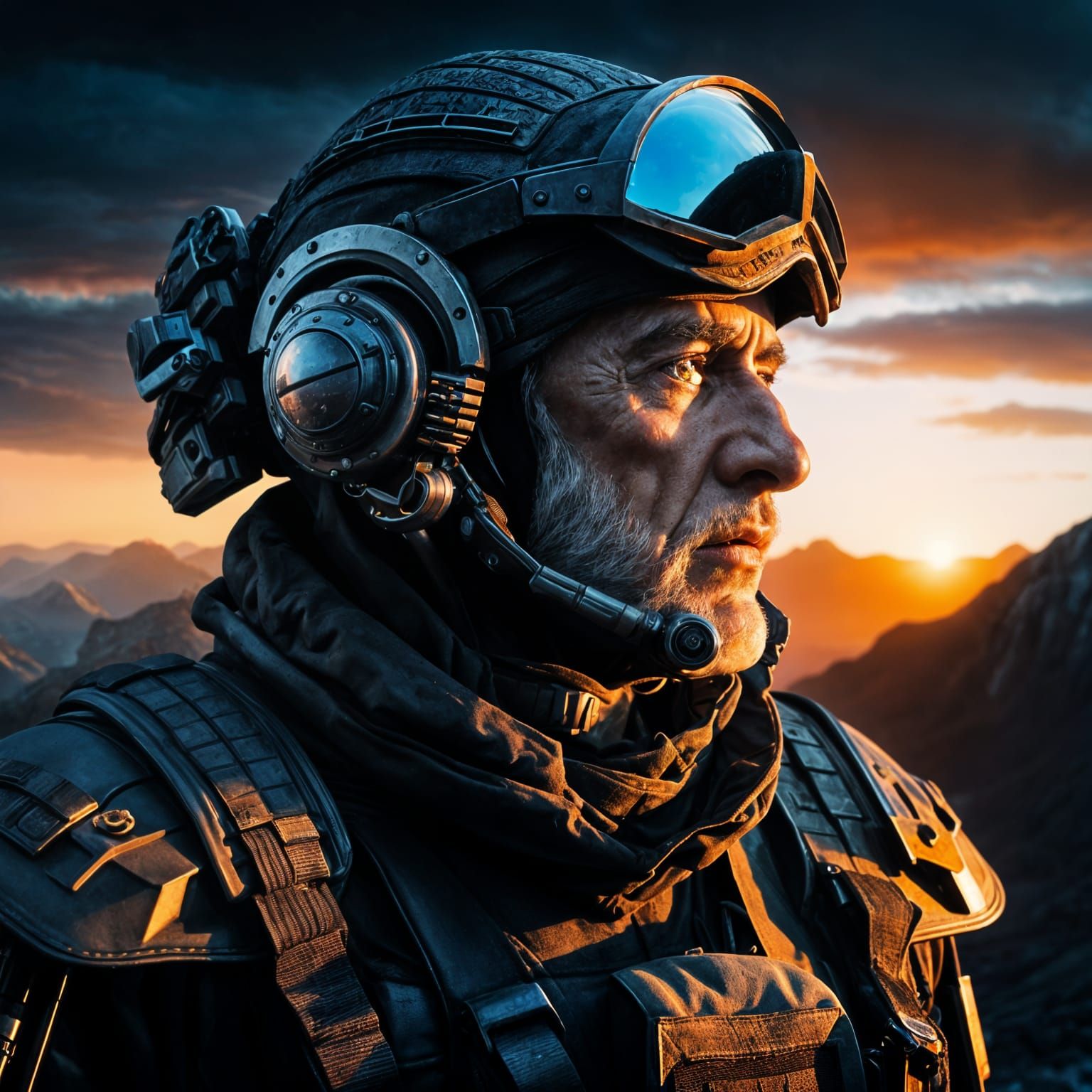 Aged Sci-Fi Warrior Amidst an Alien Sunset