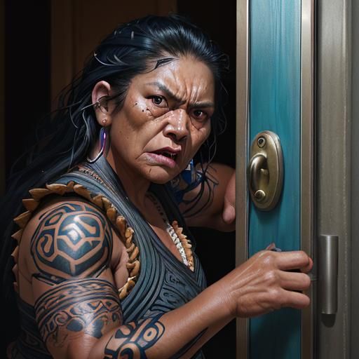 Angry Samoan Woman Struggles with Door in Vibrant, Hyperreal...