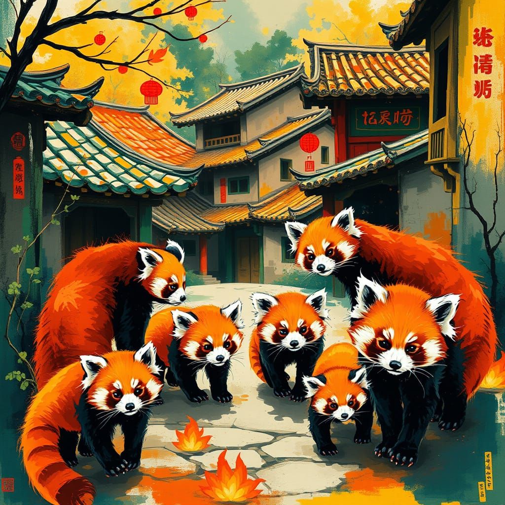 Red Pandas Explore Chinese Village in Abstract Style