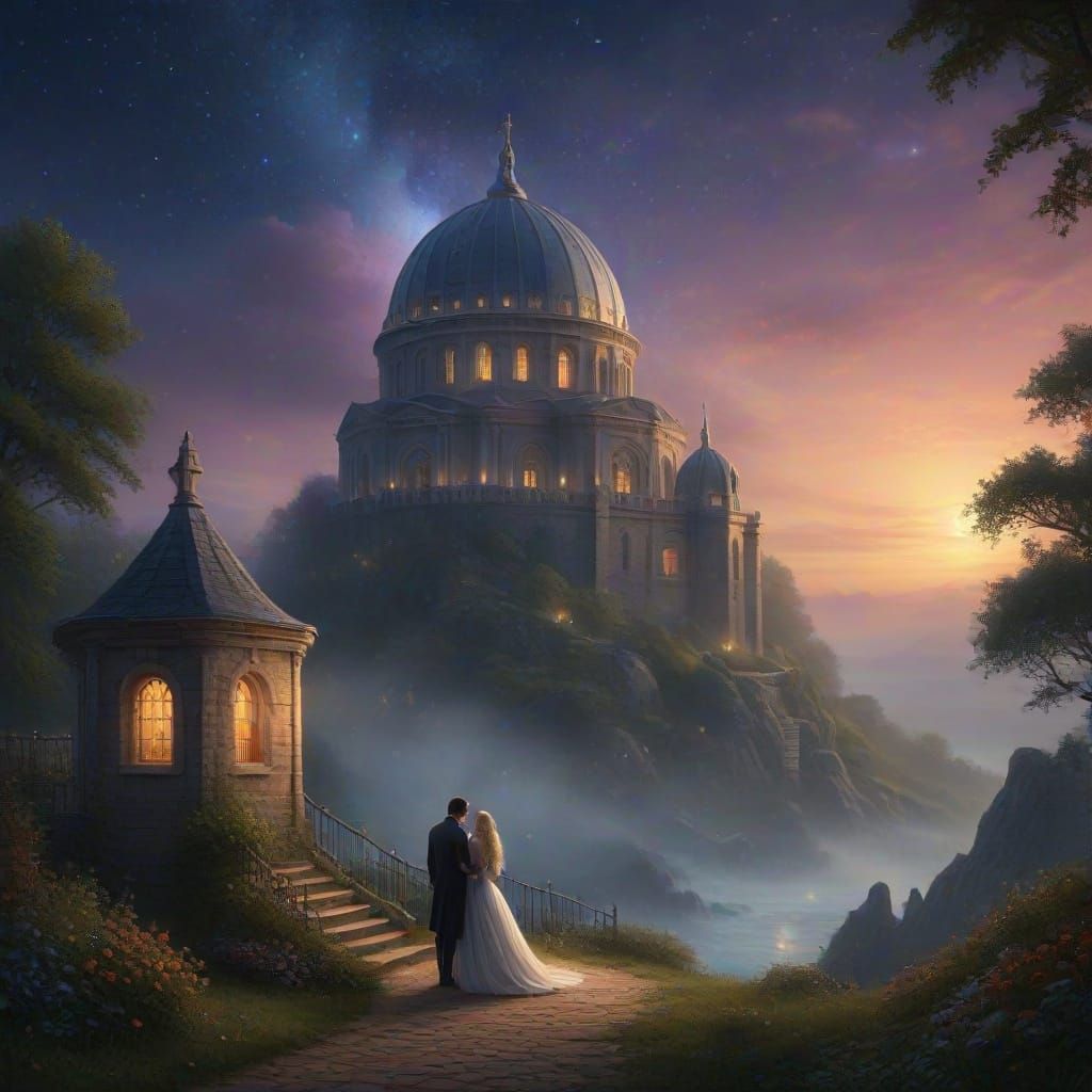 Victorian Couple in Medieval Observatory Under Comet Sky