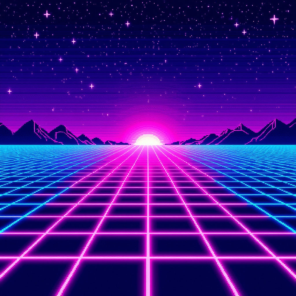 Synthwave Pixel Art Neon Grid Horizon