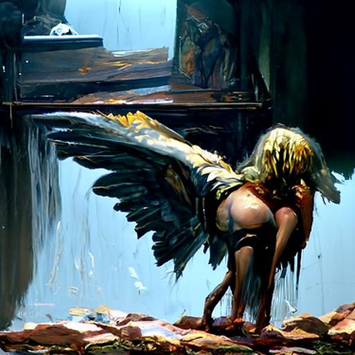Majestic Fallen Angel in Oil Painting