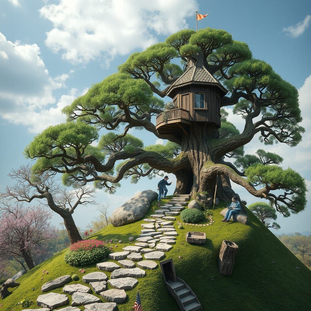 Surreal Treehouse Portal in a Bonsai Garden