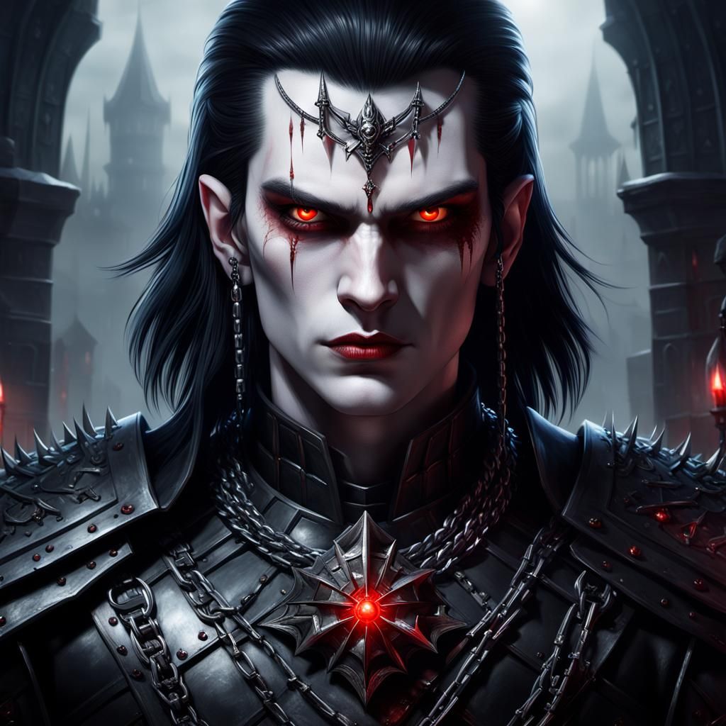 Gothic Vampire Portrait with Red Eyes and Spiked Armor