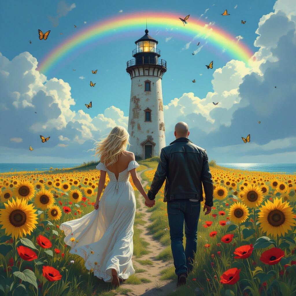 Couple Walking to Lighthouse in Dark Fantastical Style