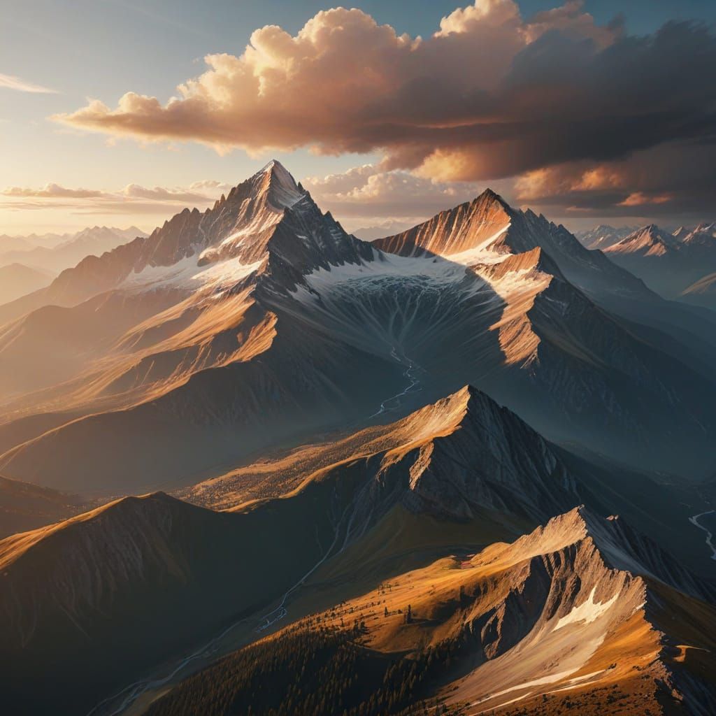 Majestic Mountains Meet Golden Sky: Hyper-Realistic Landscap...