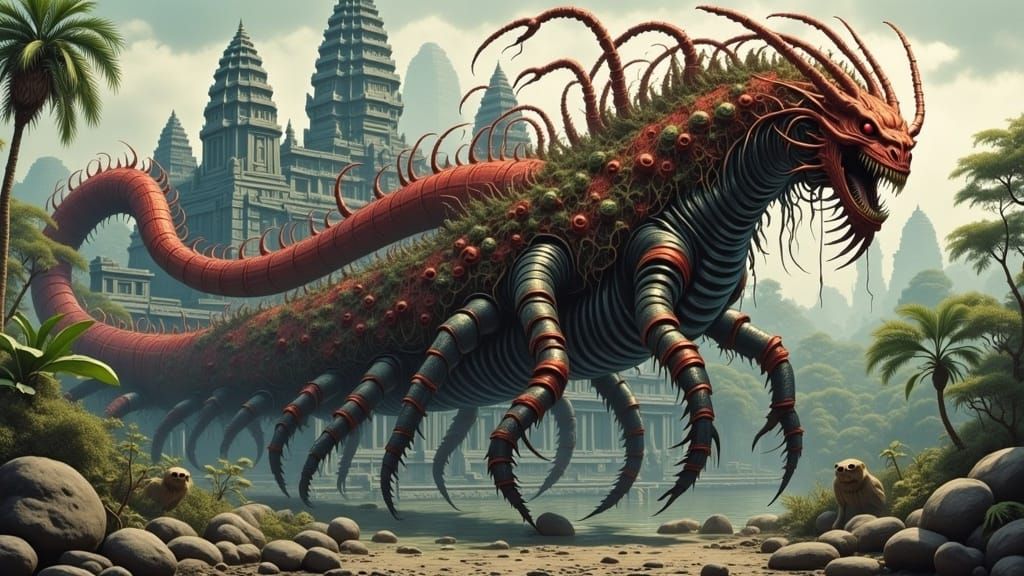 Ancient Temple Destruction in Cyberpunk Aesthetic