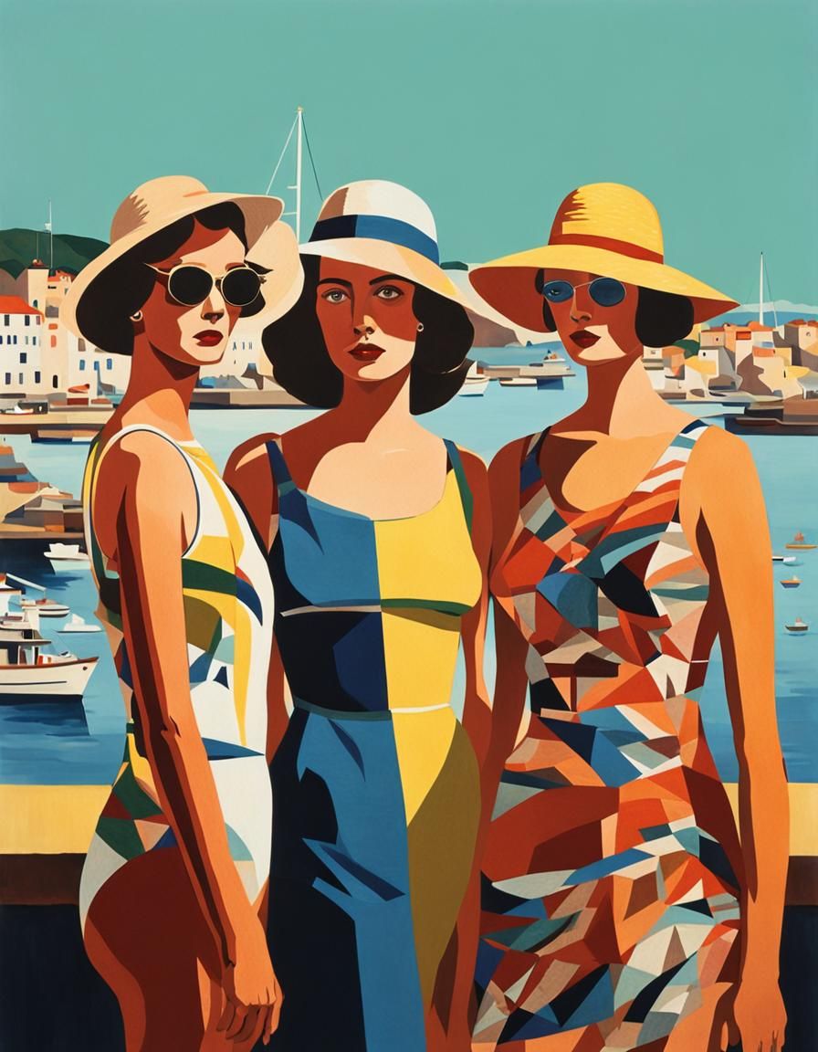 Women in Swim Suits Pose at Harbour in Vibrant Hyperrealism