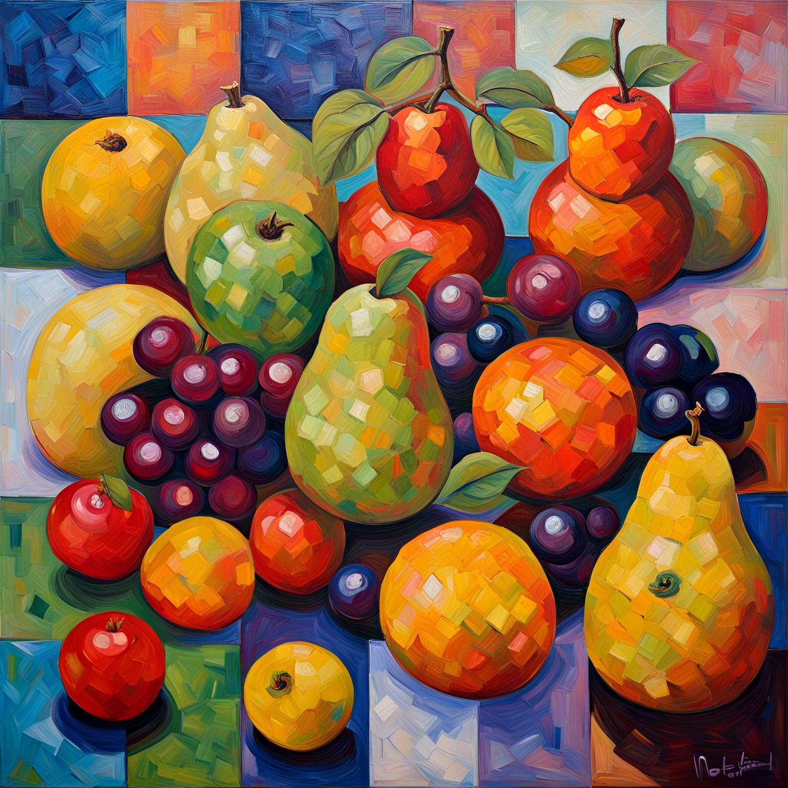 Expressive Fruits in Vibrant Neo-Impressionist Portrait