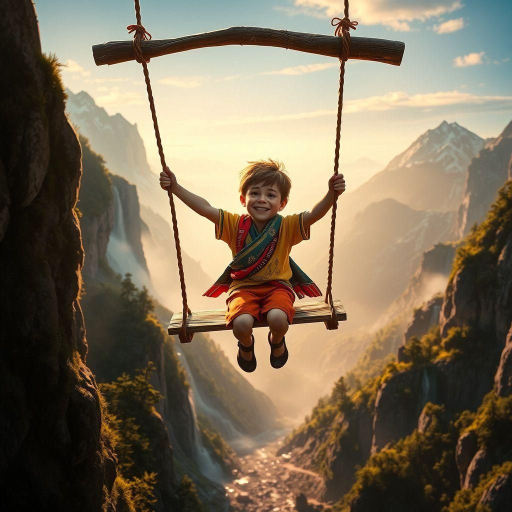 Little Boy Sways in Majestic Mountain Paradise