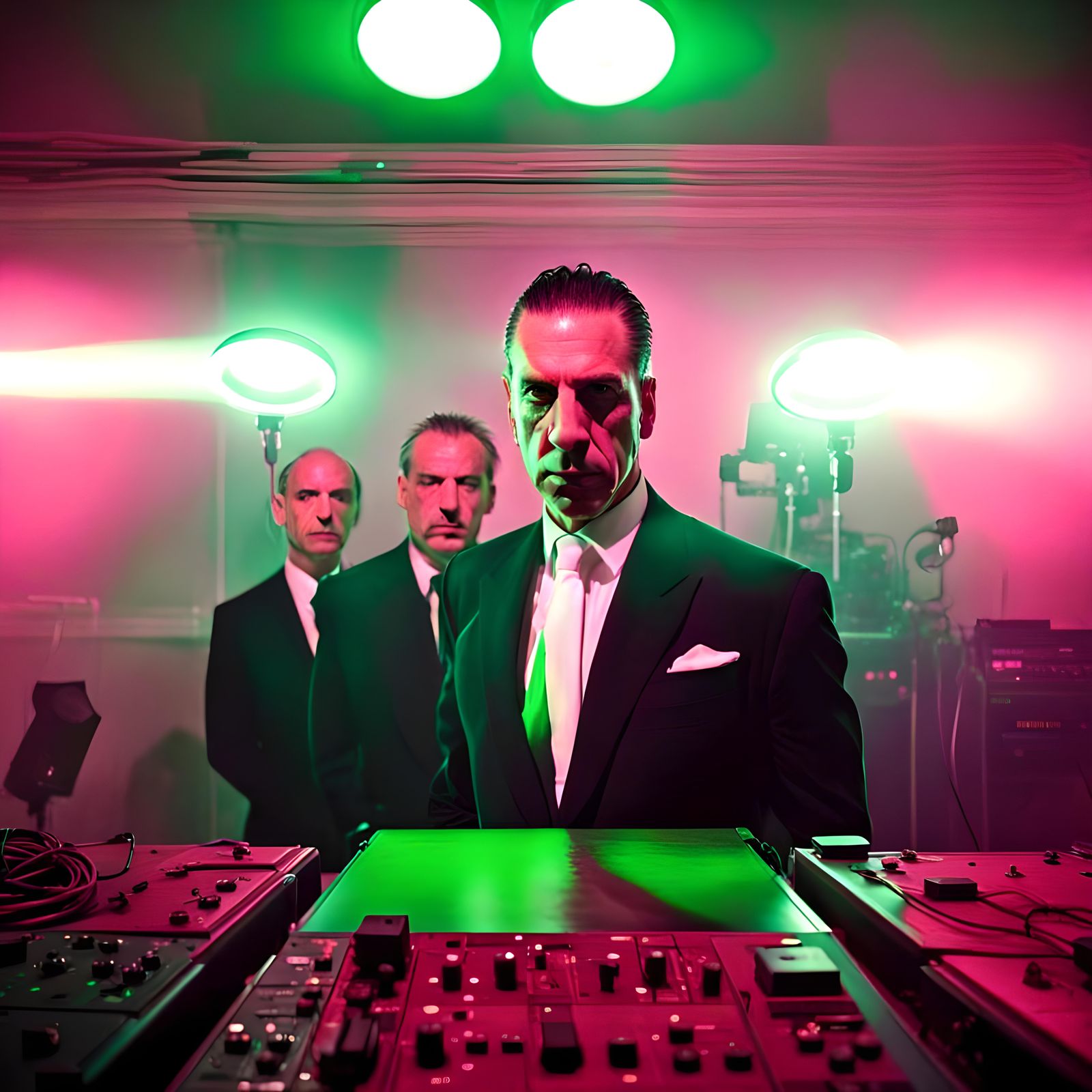 Man in White Shirts Standing Before a Vibrant Green Concert....