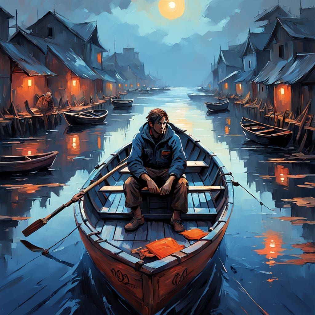 Dark Fantasy Fisherman at Dawn Oil Painting