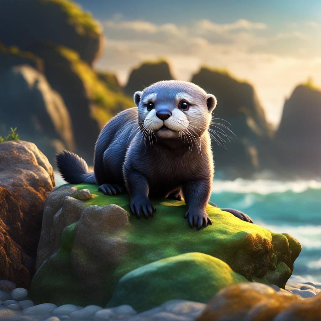 Whimsical Otter on a Seaside Rock. Vibrant Detailed Fantasy...
