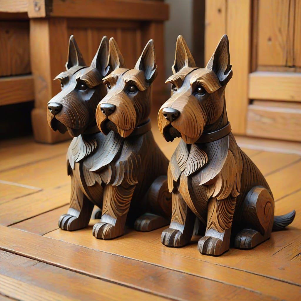 Charming Folk Art Wooden Scottish Terriers Sculpture
