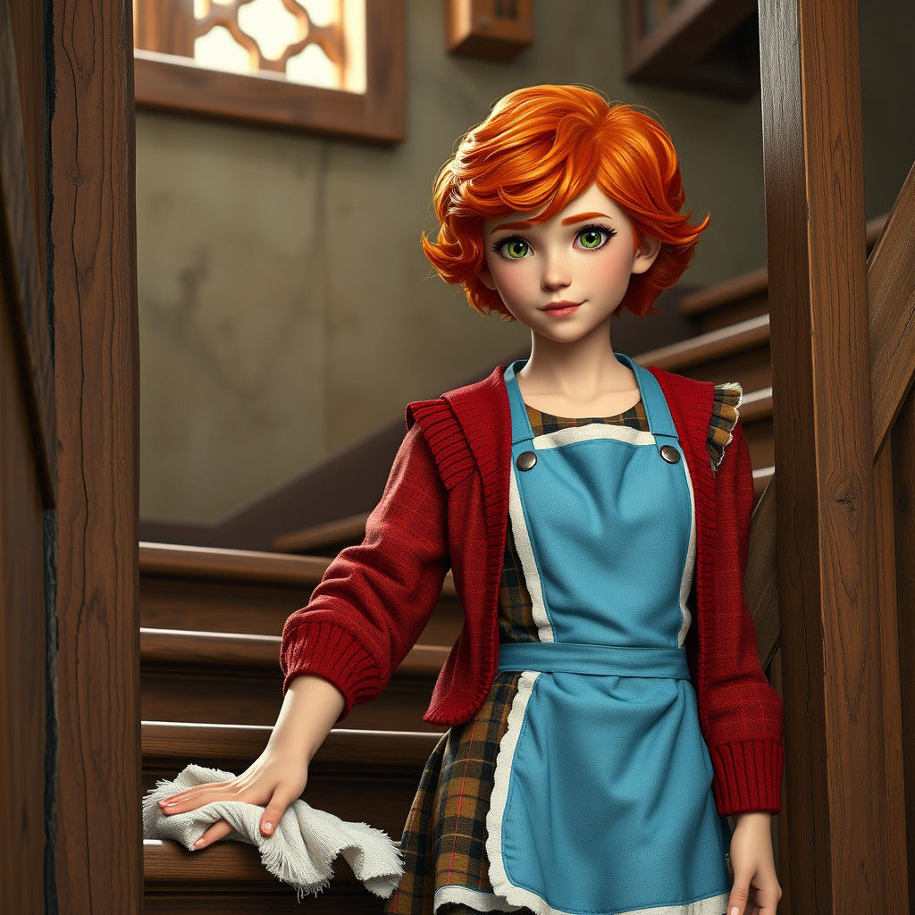 Whimsical Girl Scrubs Fantasy Stairs in Warm, Earthy Colors