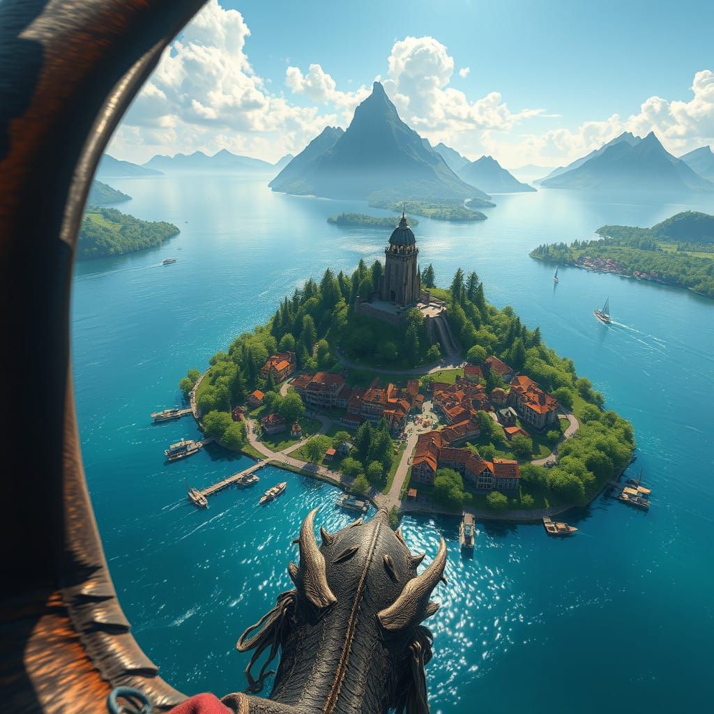 High-Fantasy Flight Over Lush Green Island Town