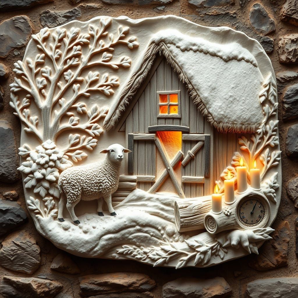 Serene Winter Scene in Relief Sculpture
