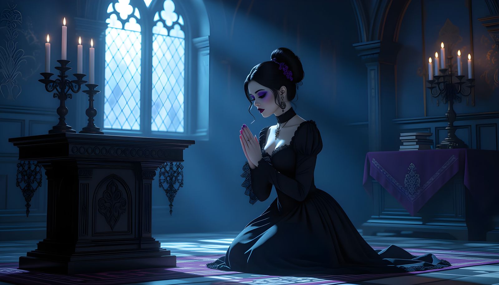 Goth Girl Praying: Digital Art in Dramatic Style