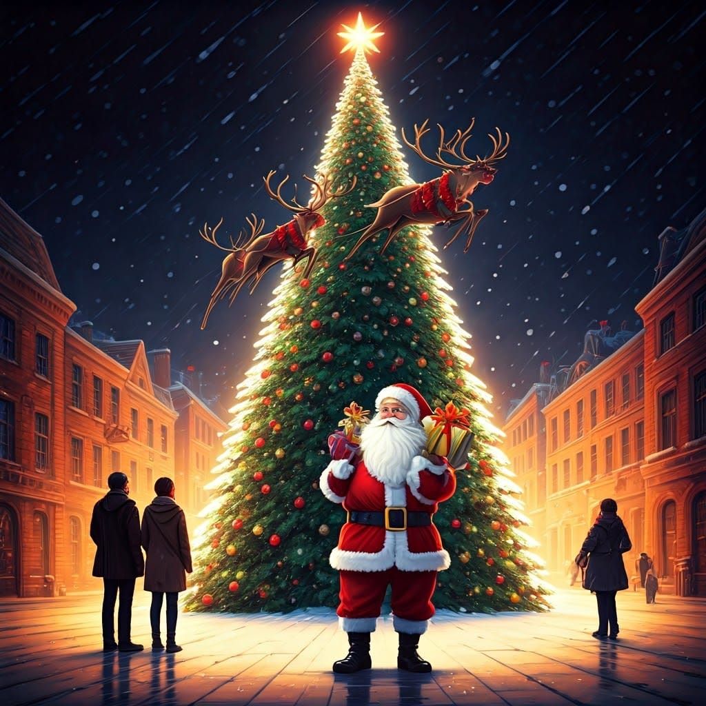 Jolly Santa Claus Surrounded by Reindeer in Vibrant Christma...