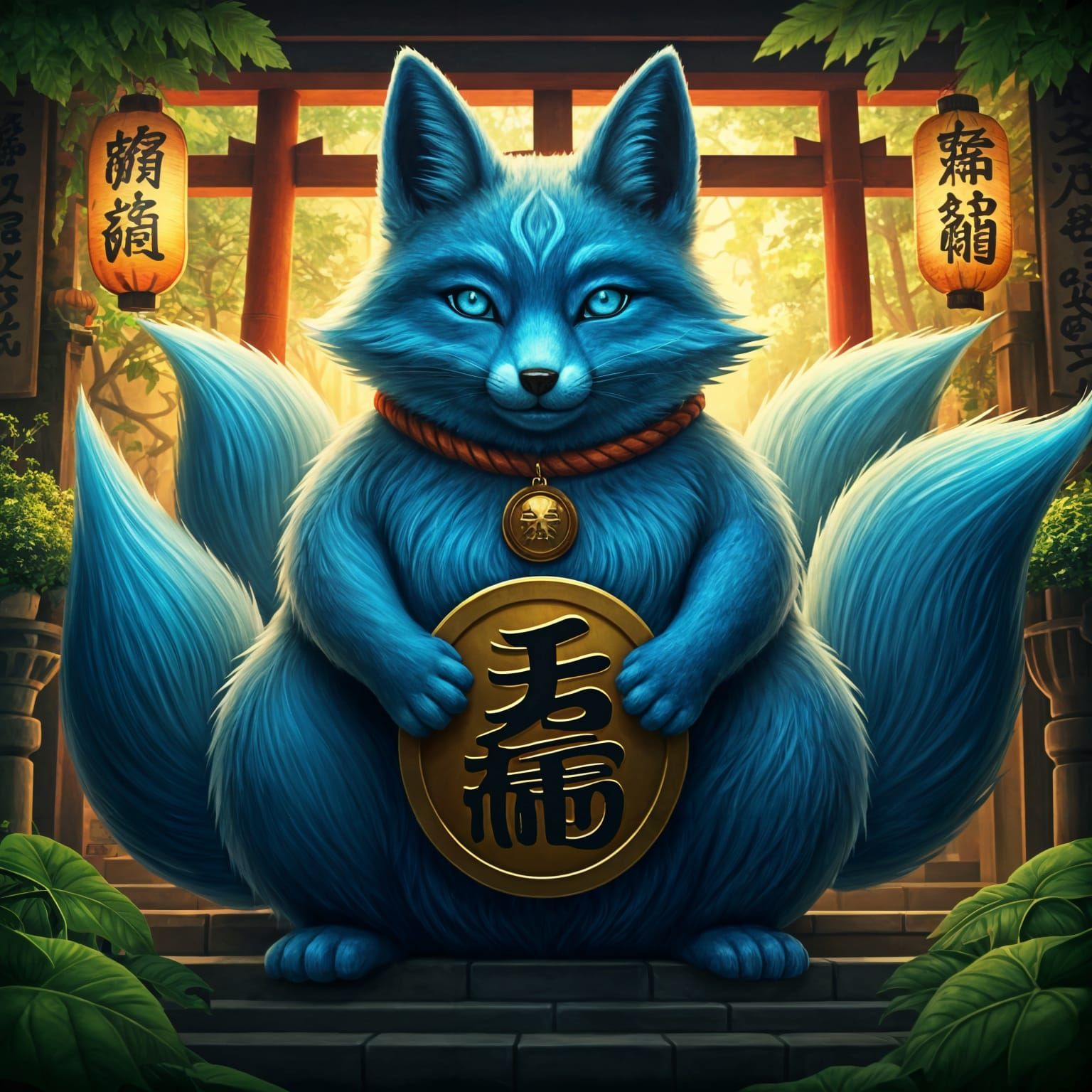 Chubby Blue Fox Spirit with Lucky Cat Coin