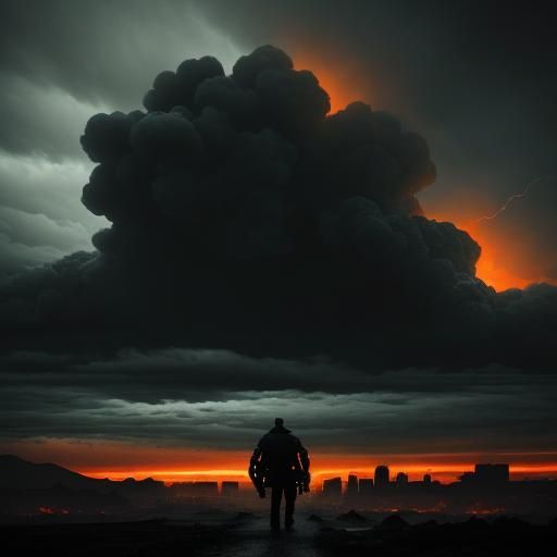 Epic Desolation: A Lone Figure Stands Amidst Ruins in a Cybe...