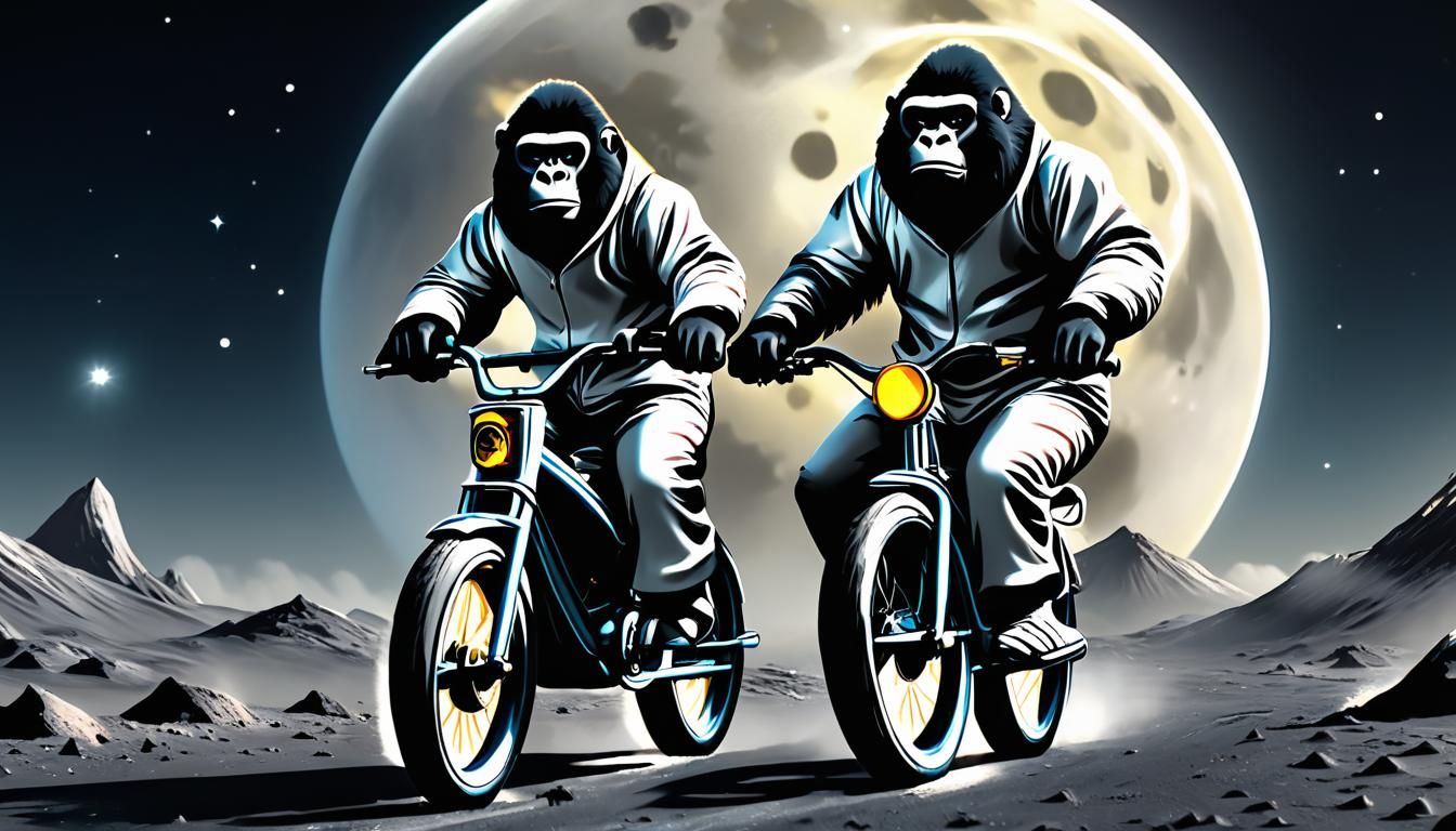 Gorilla in Pajamas Rides Bike on the Lunar Surface in Vibran...