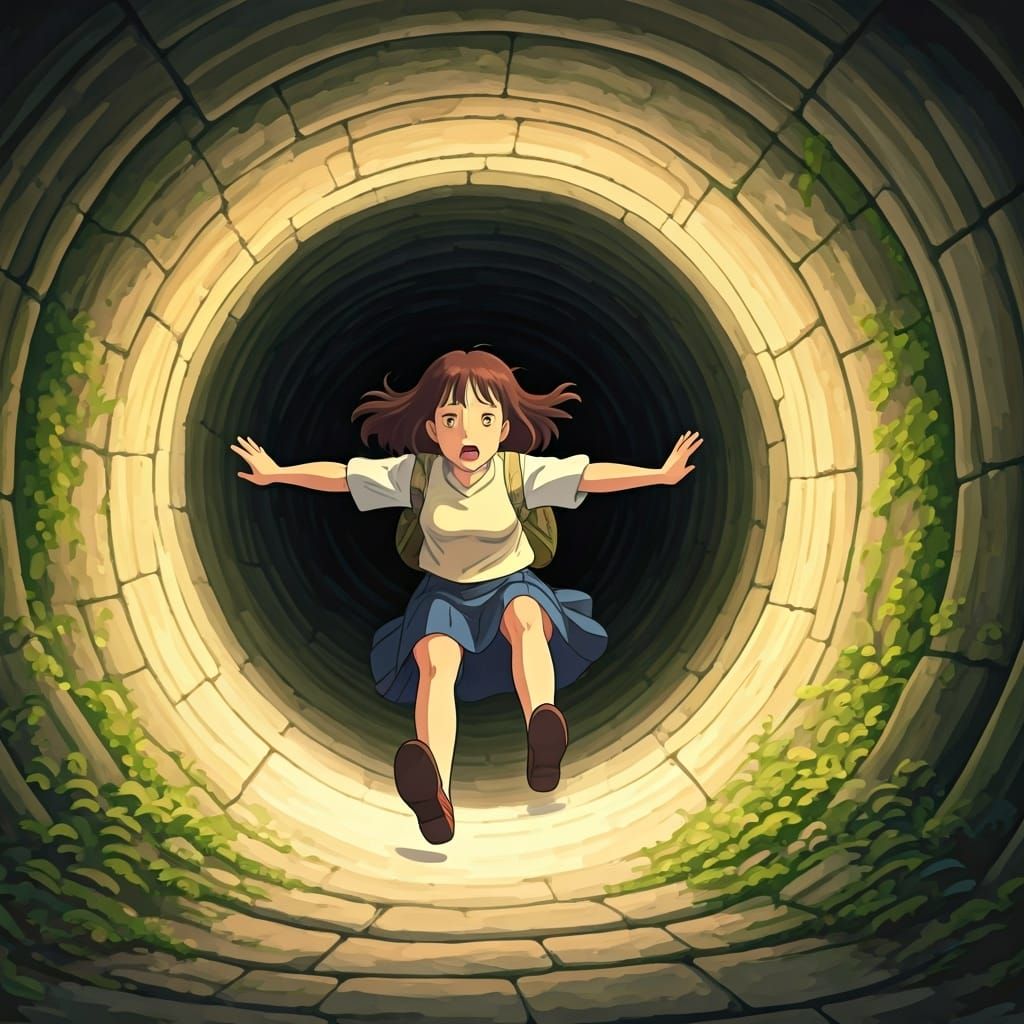 Schoolgirl Slides Down Stone Tunnel in Ghibli Style