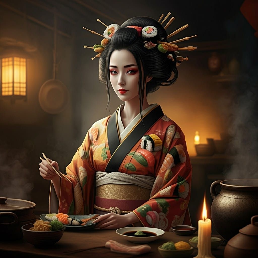 Traditional Japanese Goddess of Food and Cooking in Vibrant ...