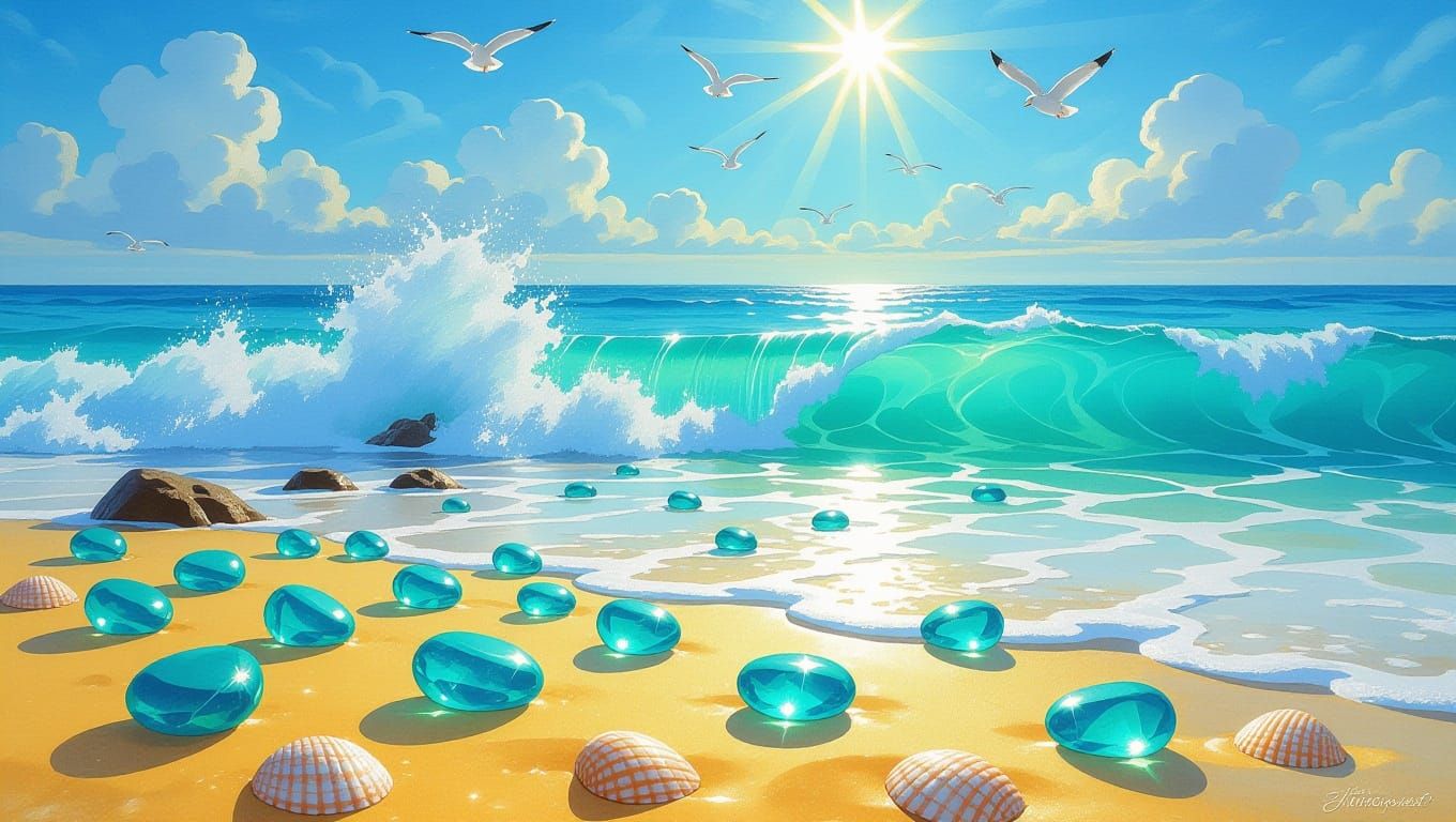 Aquamarine Stones on Golden Beach in Impressionist Style