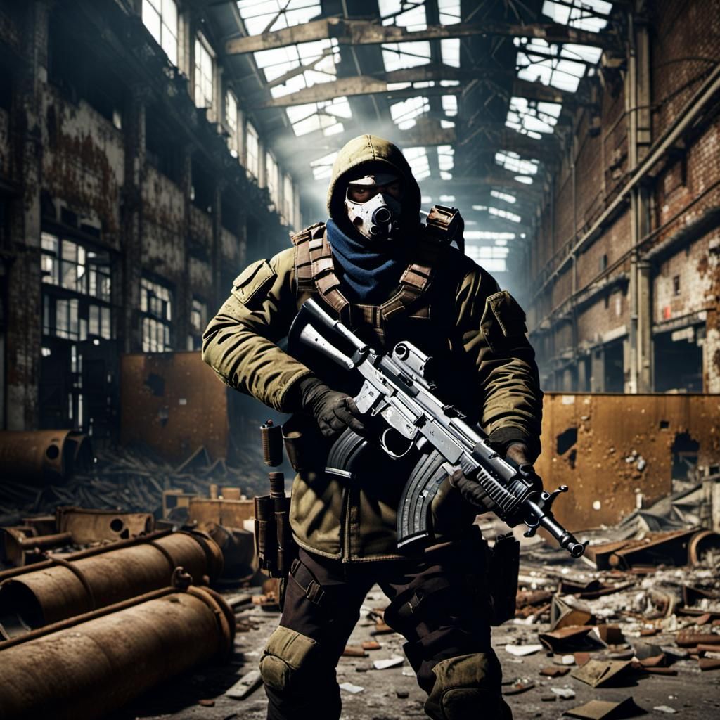 Postapocalyptic Warrior in Abandoned Industrial Setting