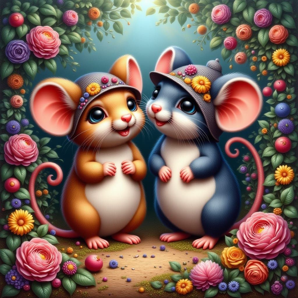 Whimsical Mice at Cozy Cottage in Naive Art Style