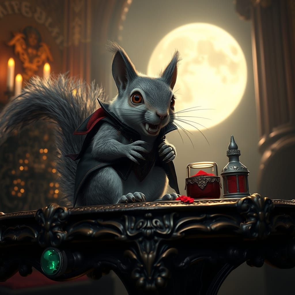 Gothic Vampire Squirrel Seated on Ornate Table
