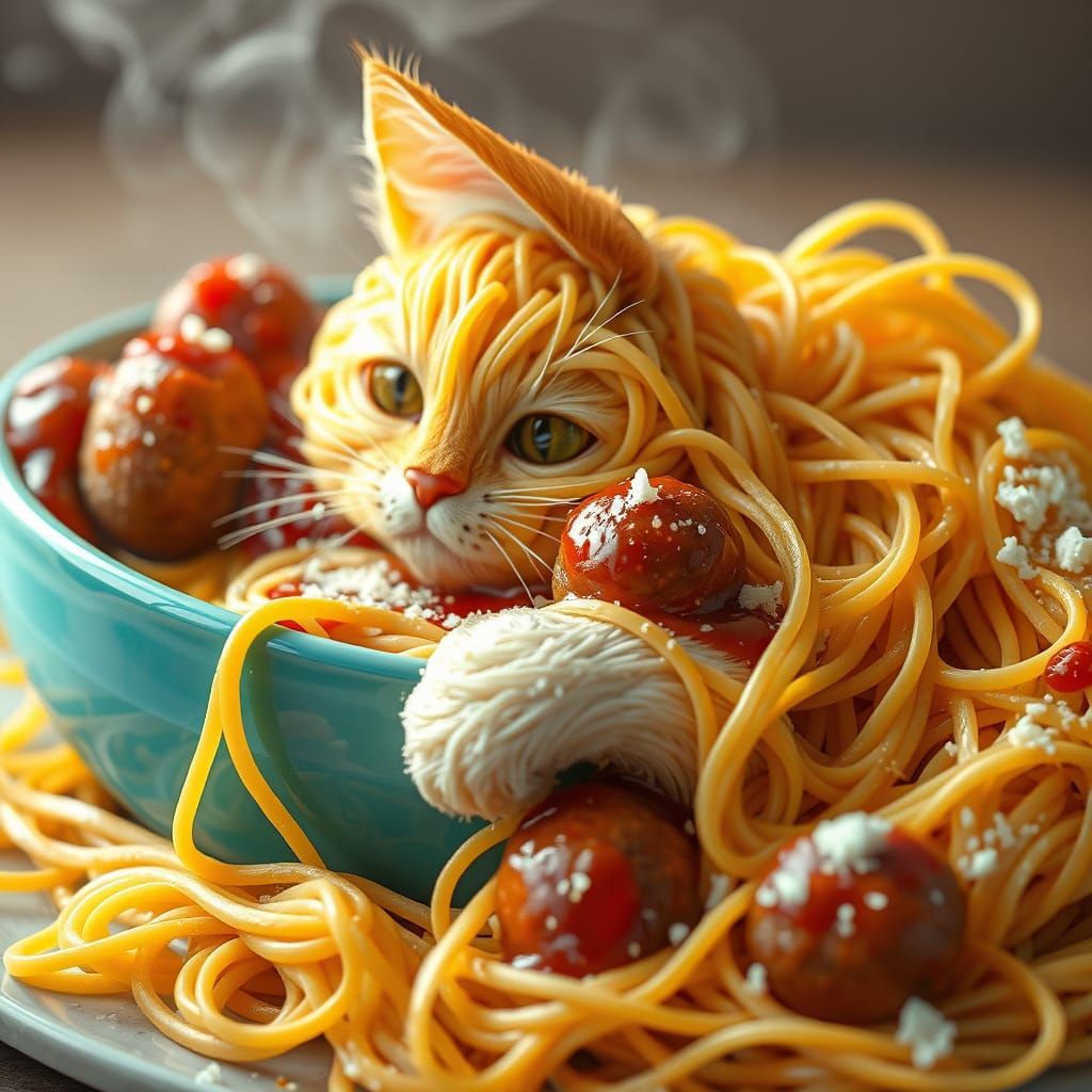 Whimsical Spaghetti Cat with Bowl of Spaghetti and Meatballs