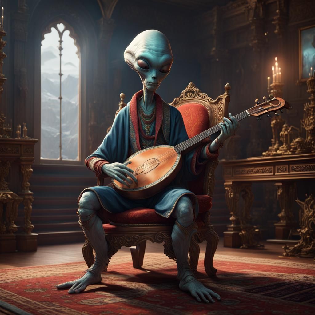 Surreal Fantasy Being Plays Instrument in Heritage Setting