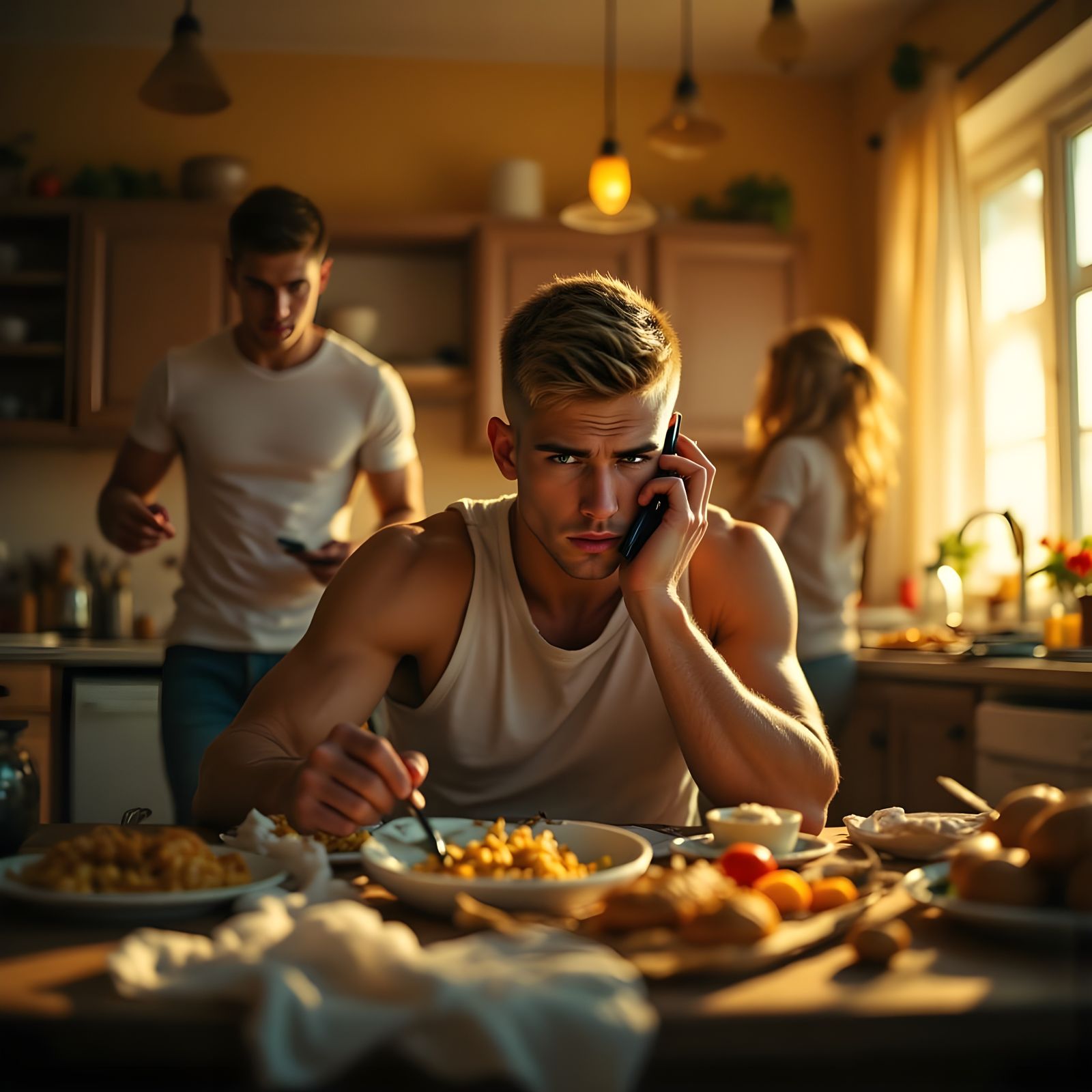 Tense Morning Commute in a Cluttered Kitchen