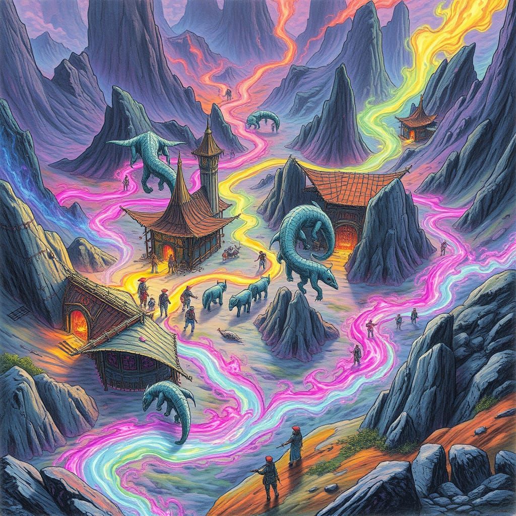Whimsical Daru Encampment in Vibrant Fantasy Art