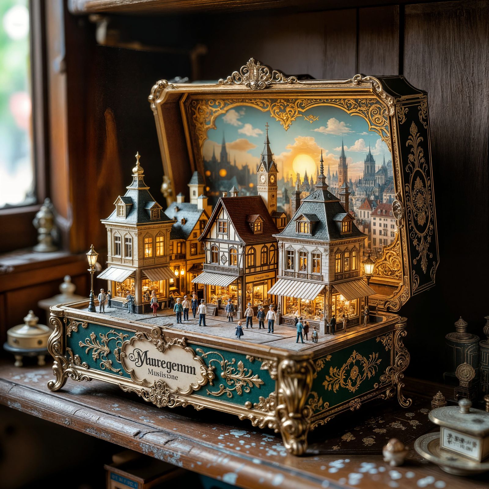 Miniature City Inside Ornate Music Box, Hyperrealistic Digit...